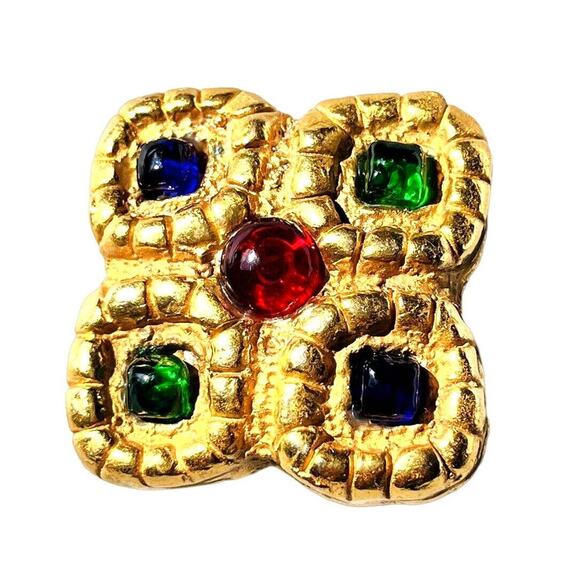 Vintage Gold Tone Statement Brooch Jewel Tones Green Blue Red Made in Italy - Picture 2 of 6